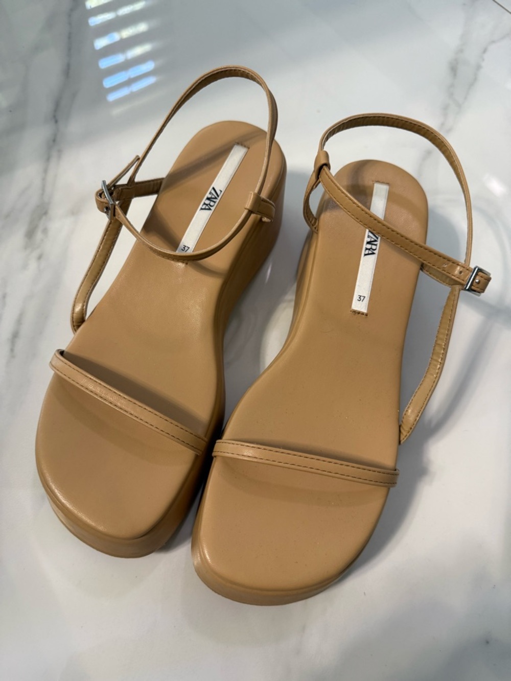 ZARA Beige/Tan Minimal Strappy Low Wedge Sandals